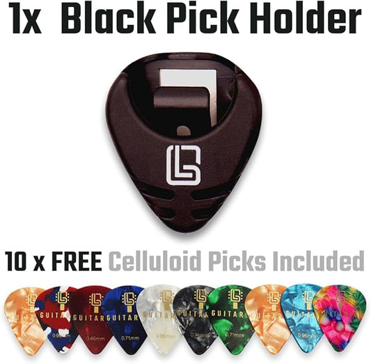 Guitar Pick Holder with Adhesive Backing and 10 FREE Celluloid Picks (0.46mm, 0.71mm, 0.96mm), Stocking Stuffer - Guitar Gifts, Father's Day Gift, For Electric, Acoustic, Bass, Ukulele