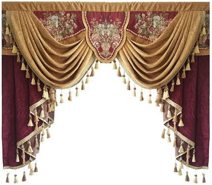 Luxury Brown Burgundy Floral Waterfall Swag Valance with Tassels for Living Room Bedroom Windows European Design Rod Pocket Top (150 cm, 1 Panel)