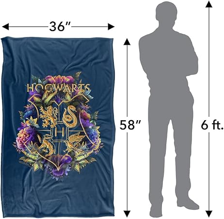 Harry Potter Hogwarts Multi-Colored Floral Crest Silky Touch Super Soft Throw Blanket 36" x 58",Hogwarts Multi-Colored Floral Crest, Blue