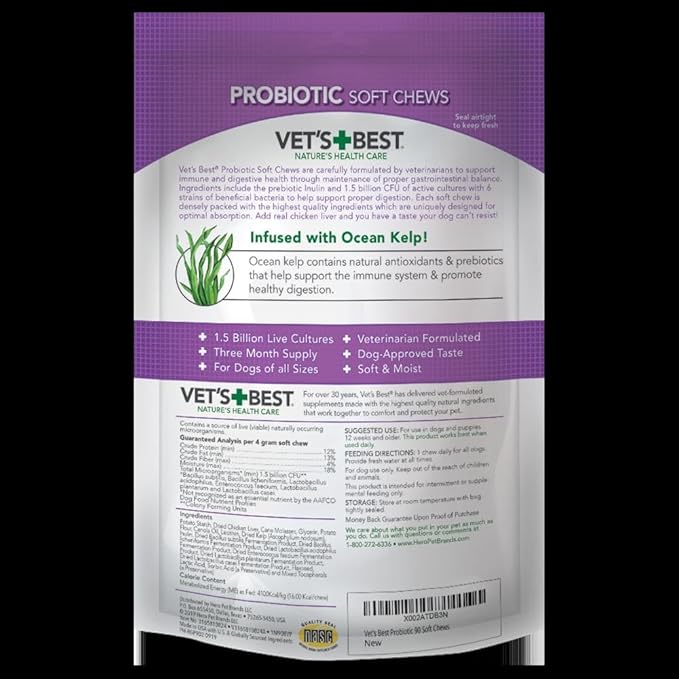 Vets Best Probiotic Soft Chews for Dogs  Daily Digestive Support Supplement with Prebiotics for Gut Health  Natural Dog Chews for Healthy Digestion and Immunity  90 Count