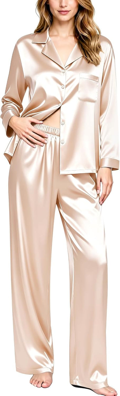 SWOMOG Long Sleeve Pajamas Set Silk Satin Sleepwear Button Down Pjs Loungewear with Pocket .