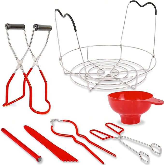 Canning Supplies Starter Kit - 7 Pieces Stainless Steel Canning Set Tools: Steamer Rack,Canning Funnel,Jar Lifter,Wrench, Tongs,Lid LifterBubble Remover Tool, for CannerPot, Beginner (Red)