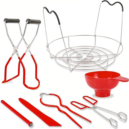 Canning Supplies Starter Kit - 7 Pieces Stainless Steel Canning Set Tools: Steamer Rack,Canning Funnel,Jar Lifter,Wrench, Tongs,Lid LifterBubble Remover Tool, for CannerPot, Beginner (Red)