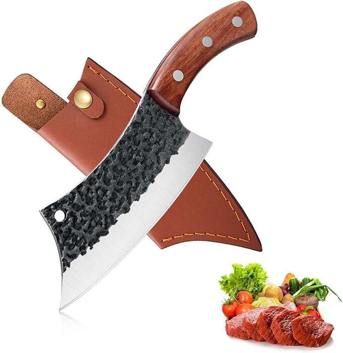 Freelander Hand Forged Knives, Meat Cleaver Knife for Meat Cutting, High Carbon Viking Knife with Sheath, Full Tang Chef Kitchen Butcher Knife for Home,Outdoor, Camping, BBQ