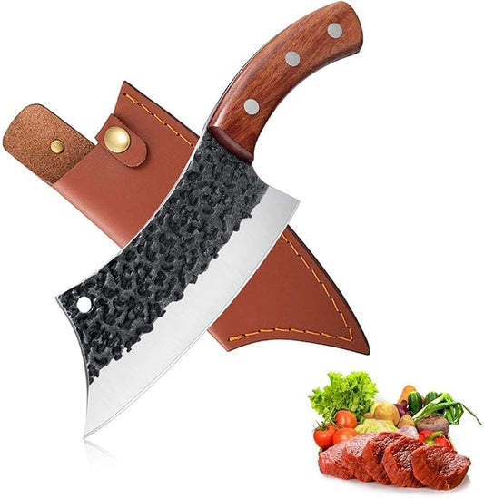 Freelander Hand Forged Knives, Meat Cleaver Knife for Meat Cutting, High Carbon Viking Knife with Sheath, Full Tang Chef Kitchen Butcher Knife for Home,Outdoor, Camping, BBQ