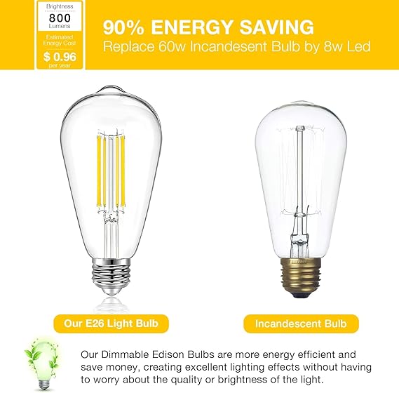 DAYBETTER 4 Pack Vintage LED Edison Bulbs, E26 Led Bulb 60W Equivalent, Dimmable Led Light Bulbs, High Brightness 800 LM Warm White 2700K, ST58 Antique LED Filament Bulbs, Clear Glass Style for Home