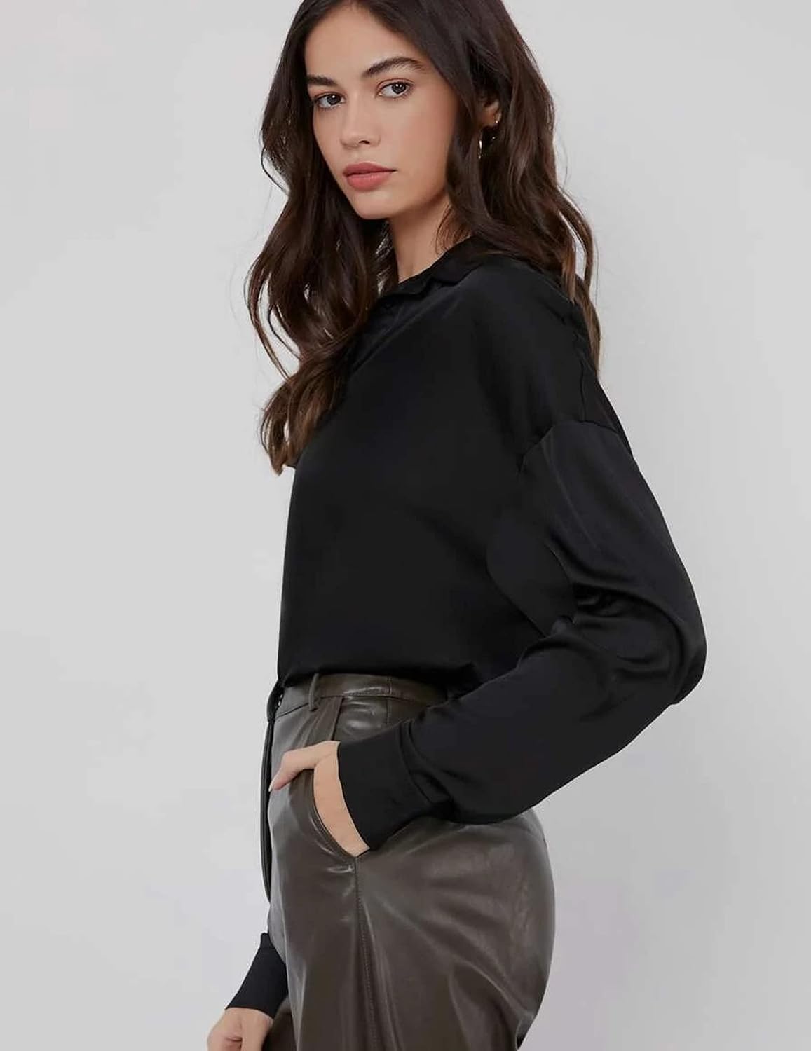 Chigant Women's Satin Long Sleeve Button Down Blouse