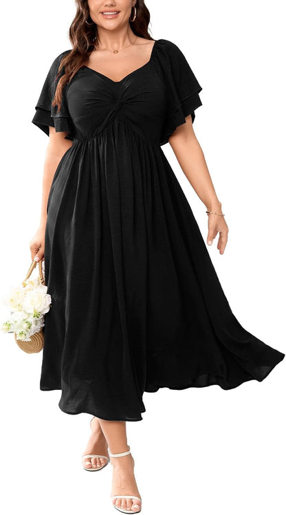 SCOMCHIC Women's Plus Size Wedding Guest Cocktail Dresses Sweetheart Neckline Ruffle Sleeve A Line Maxi Dress.