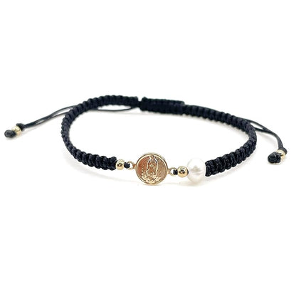 Our Lady of Guadalupe Medal and Dainty Cultured Fresh Father Pearl Adjustable Red String Bracelet Pulsera de la Virgen de Guadalupe para Mujeres (Black)