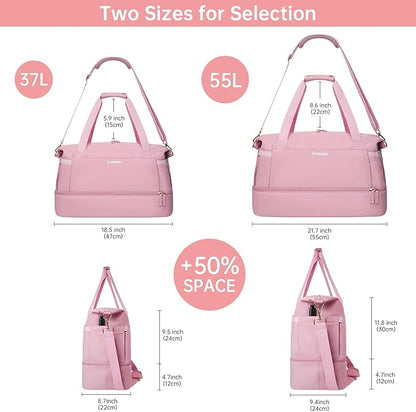 ETRONIK Gym Bag for Women, 55L Travel Duffel Bag with USB Charging Port, Weekender Overnight Bag with Wet Pocket and Shoes Compartment for Women Travel, Large Size (Pink)