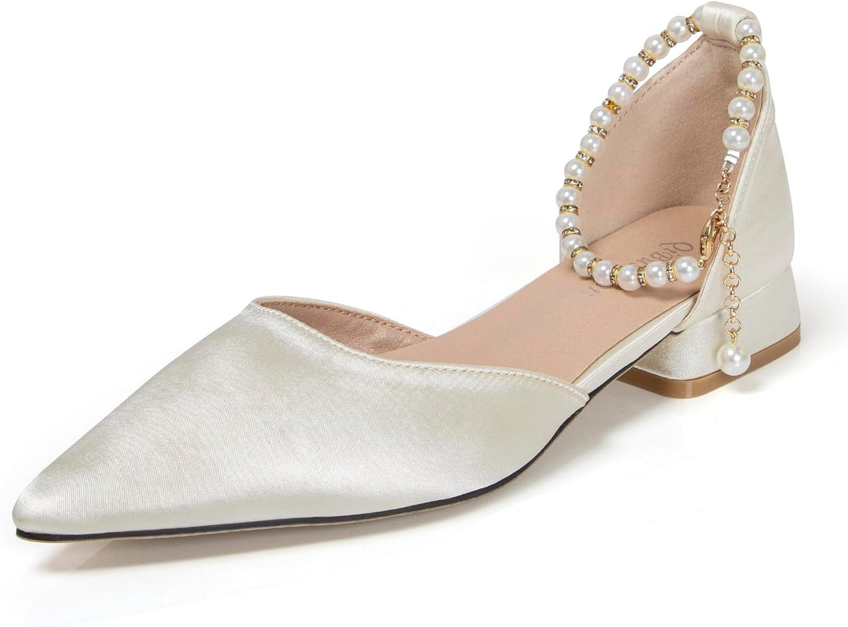 Women's 1 Inch Beige Satin Heels with Pearl Ankle Strap Pointy Closed Toe Low Block Chunky Pumps Comfort White Wedding Dress Sandal Shoes for Bride Guest Party