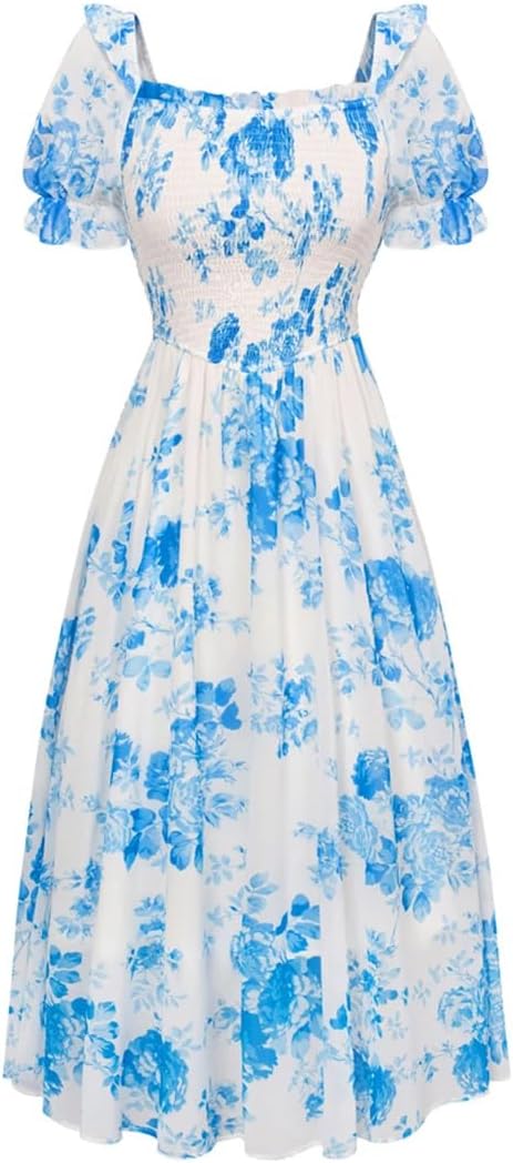 Women Vintage Chiffon Floral Print Dress Short Sleeve Square Collar Midi A-Line Dress Robe