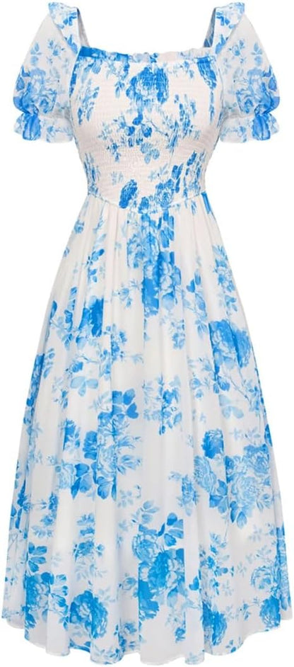Women Vintage Chiffon Floral Print Dress Short Sleeve Square Collar Midi A-Line Dress Robe