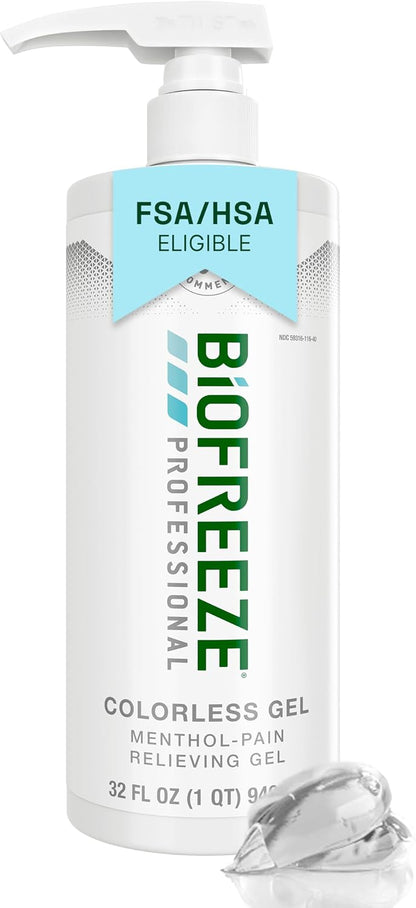 Biofreeze Professional Gel Pain Relief for Knee, Neck, Hip, Joint, Shoulder, & Simple Backache, Arthritis Pain Reliever, Sore Muscle Relief, Colorless Menthol Gel 32 Fl Oz