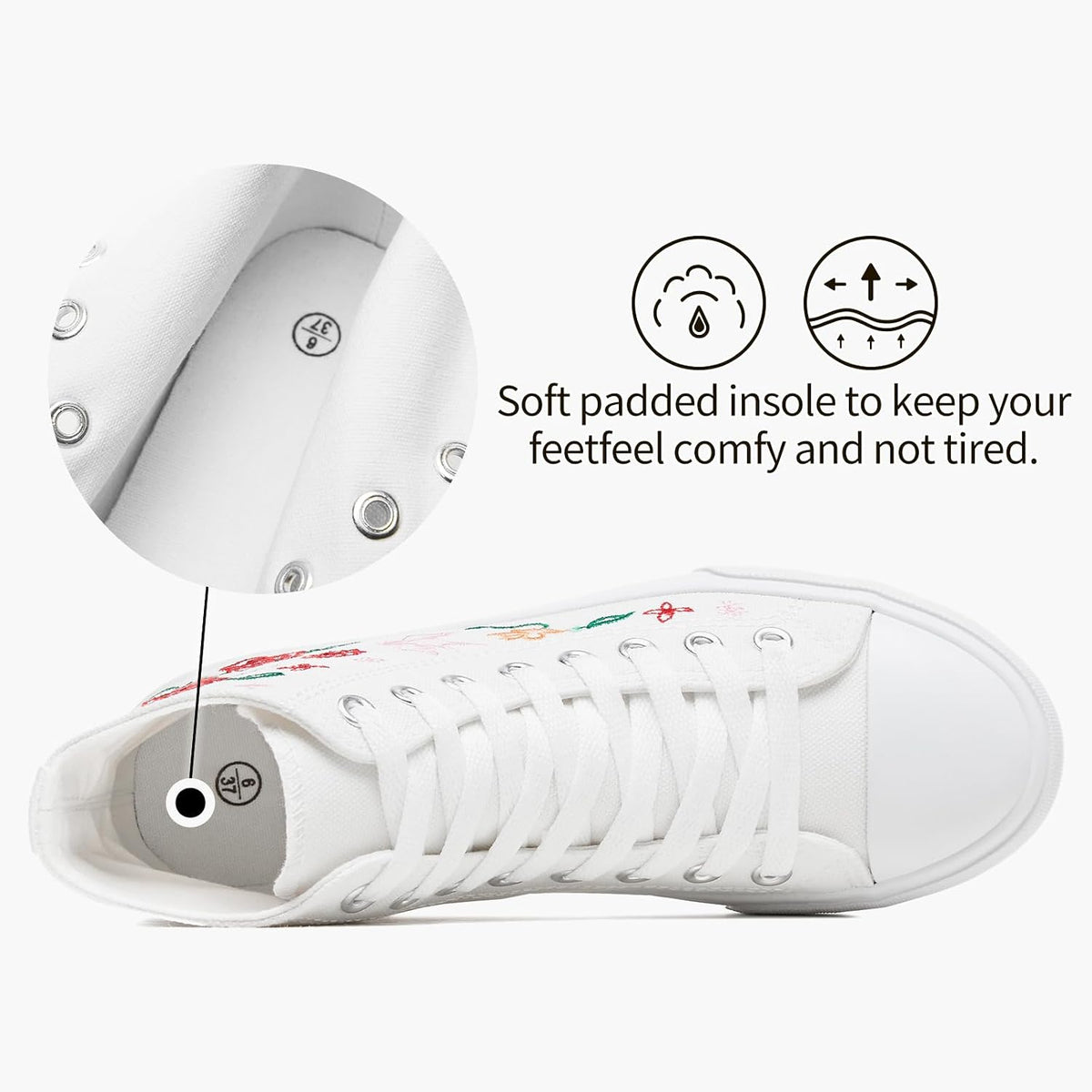 TUOPIN Women's High Top Canvas Sneakers - White and Black Fashion Embroidery Casual Walking Shoes for Women Comfortable Breathable Lace-Up Tennis Shoes