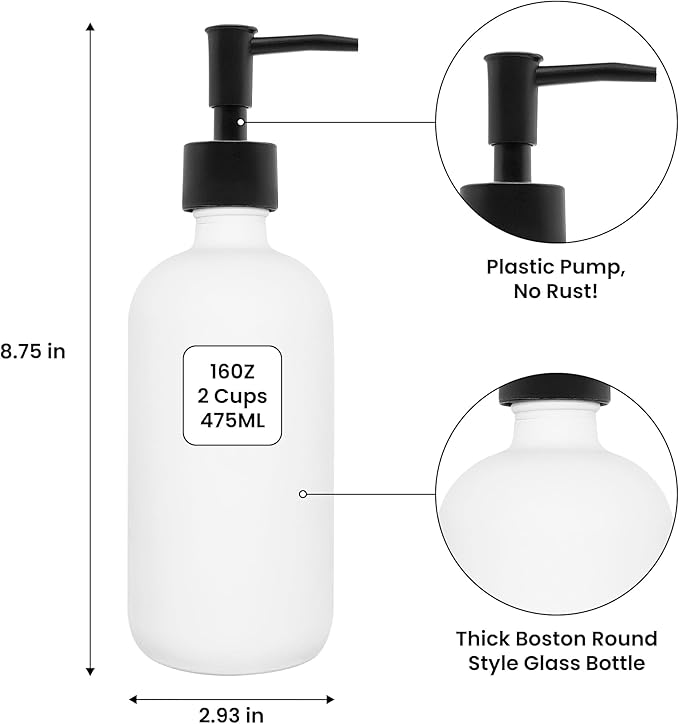 LL Co Soap Dispenser 16 Oz - 2-Pack White Glass Soap Dispenser with Plastic Pump - Durable Liquid Soap Dispensers - Multi-Use Dish, Hand, Lotion Container - Cute Kitchen, Bathroom Soap Bottle Set