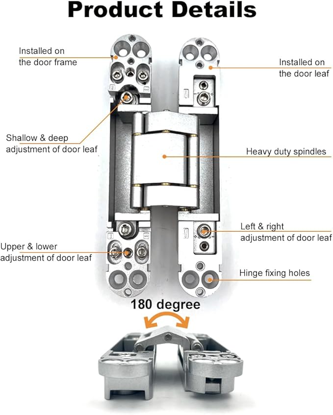 2 Pack Hidden Door Hinges, 6 inch 3-Way Adjustable Concealed Hinges Zinc Alloy 180 Degree Swing Invisible Door Hinges (Silver)