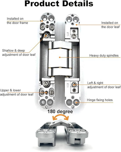 2 Pack Hidden Door Hinges, 6 inch 3-Way Adjustable Concealed Hinges Zinc Alloy 180 Degree Swing Invisible Door Hinges (Silver)