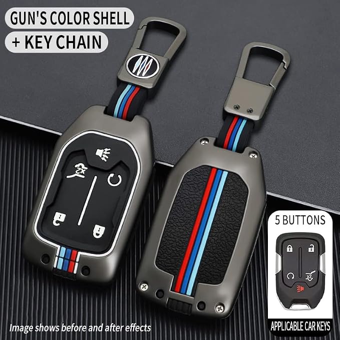 for CHEVROLET Key Fob Cover with Keychain Metal Shell Car Key Case Holder 360 Degree Protection for 2019-2024 GMC Suburban Tahoe Silverado Terrain Yukon Sierra 1500 2500 3500 HD Chevy,Gray