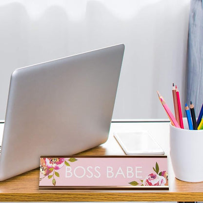 Boss Babe Desk Plate  2" x 8" Chic Pink Floral Office Desk SignCubicle Name Plate Coworker PresentMade In The USA