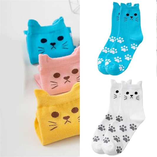 Funny Animal Socks for Women with 3D Cats Ears and Paws Print Cotton Middle Calf Socks Hosiery for Parties or Daily