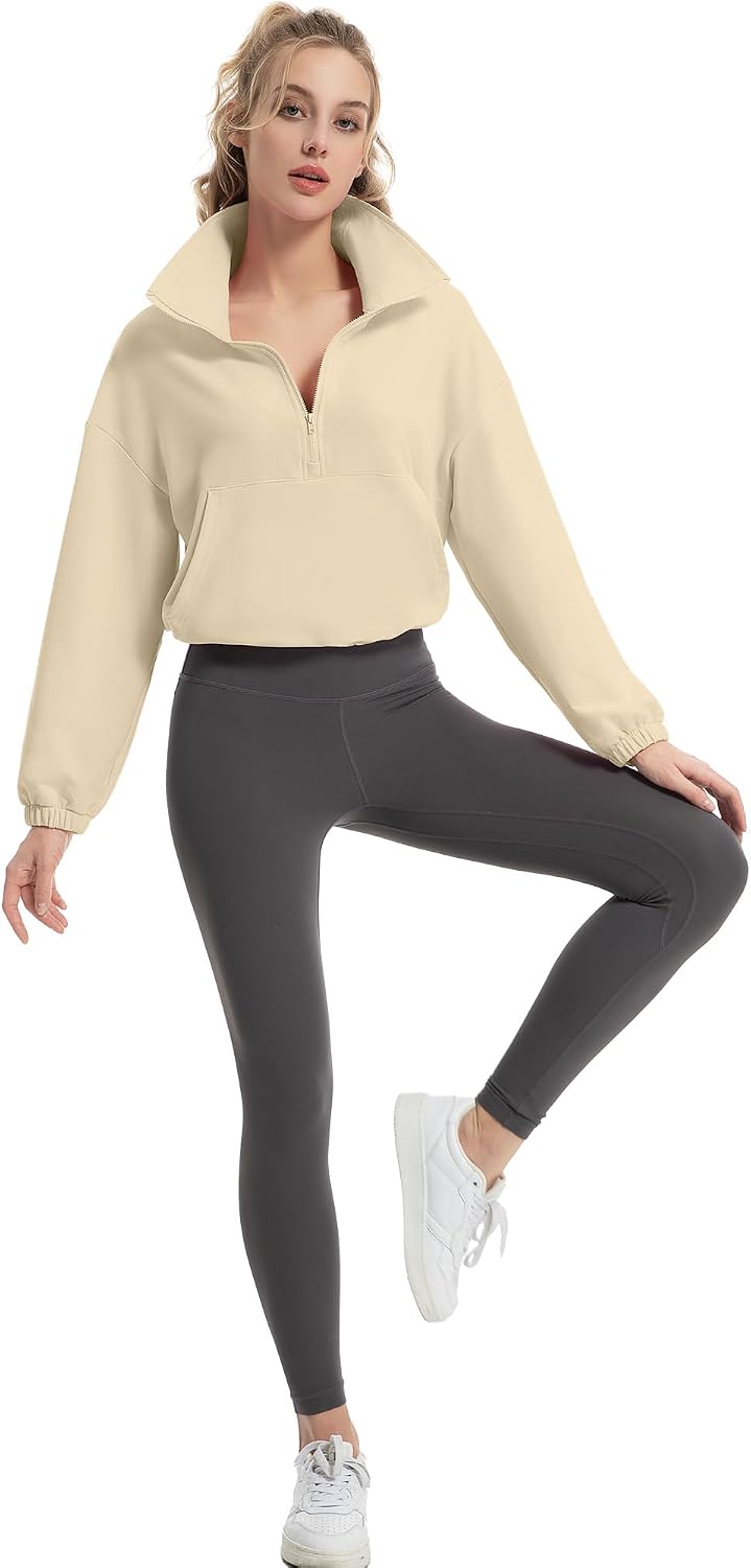 FKEEP Quarter Zip Pullover Women Cropped Sweatshirt Long Sleeve Crop Top Stand Collar Drawstring Casual Pullover