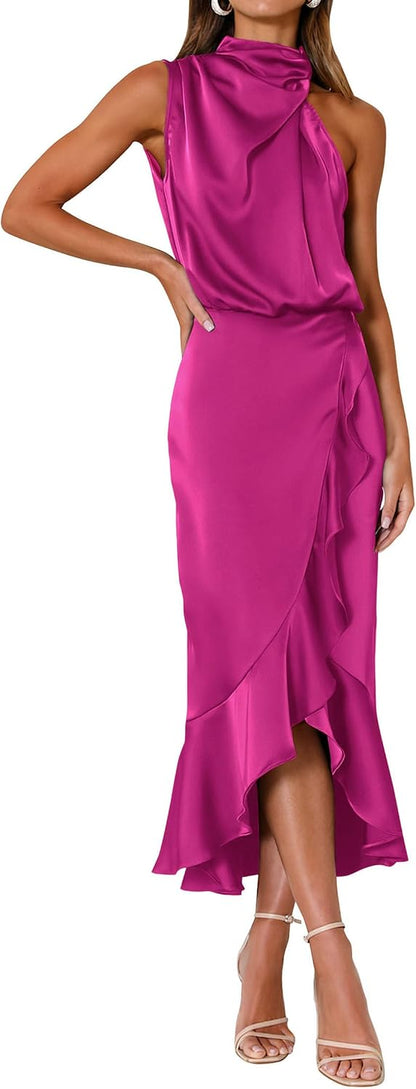 KIRUNDO Women 2026 Spring Summer Satin Mock Neck Wedding Guest Party Cocktail Midi Dress Sleeveless Wrap Ruffle Formal Dress