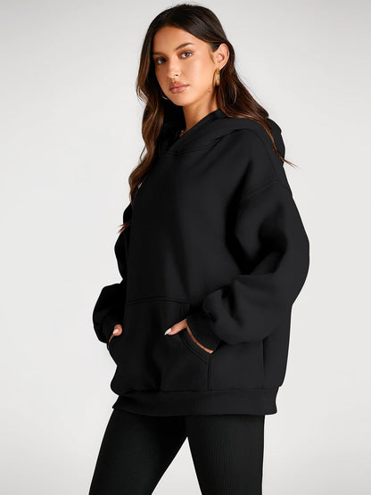 XS, Oversized fleece hoodie, soft and comfortable, perfect for fall in sleek black.