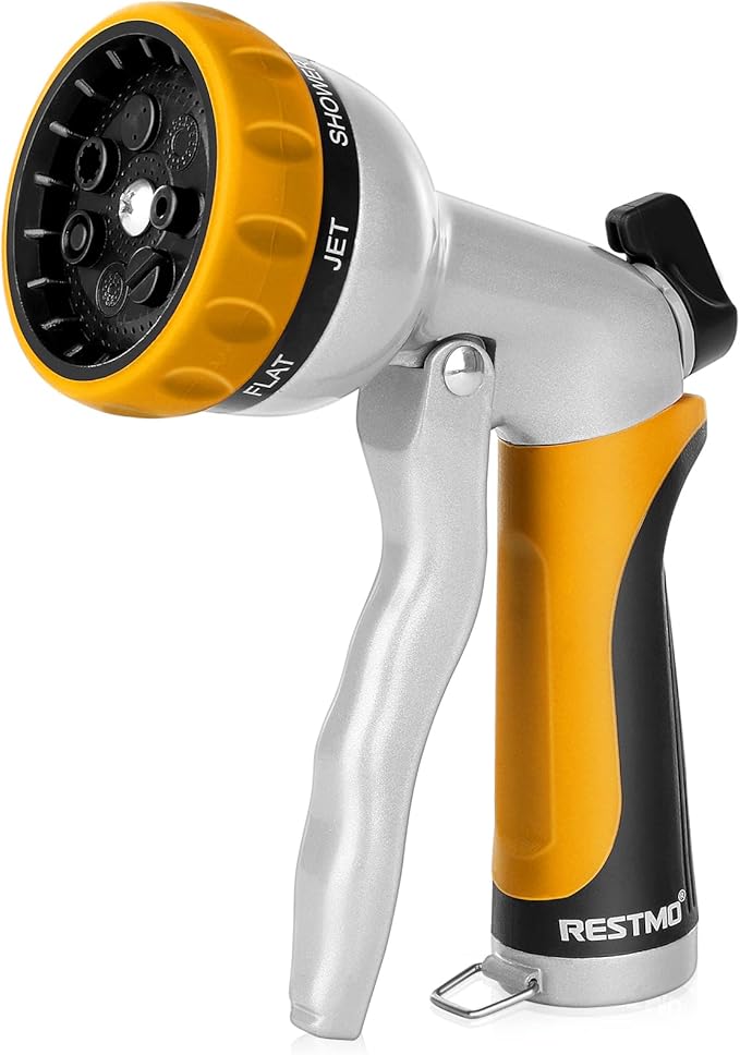 RESTMO Garden Hose Nozzle, Heavy Duty Metal Water Hose Nozzle with 7 Adjustable Spray Patterns, High Pressure Hand Sprayer with Flow Control, Best for Watering Plant  Lawn, Washing Car  Pet, Yellow
