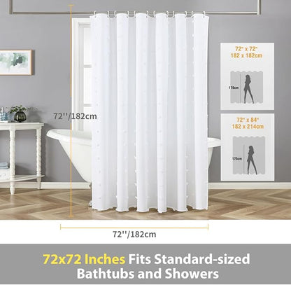 Colorigan White Fabric Shower Curtain - Soft Fabric Shower Curtain Set with Boho Tassel, Water Repellent Cloth, Modern Bohemian Chic Country Bathroom Shower Curtains