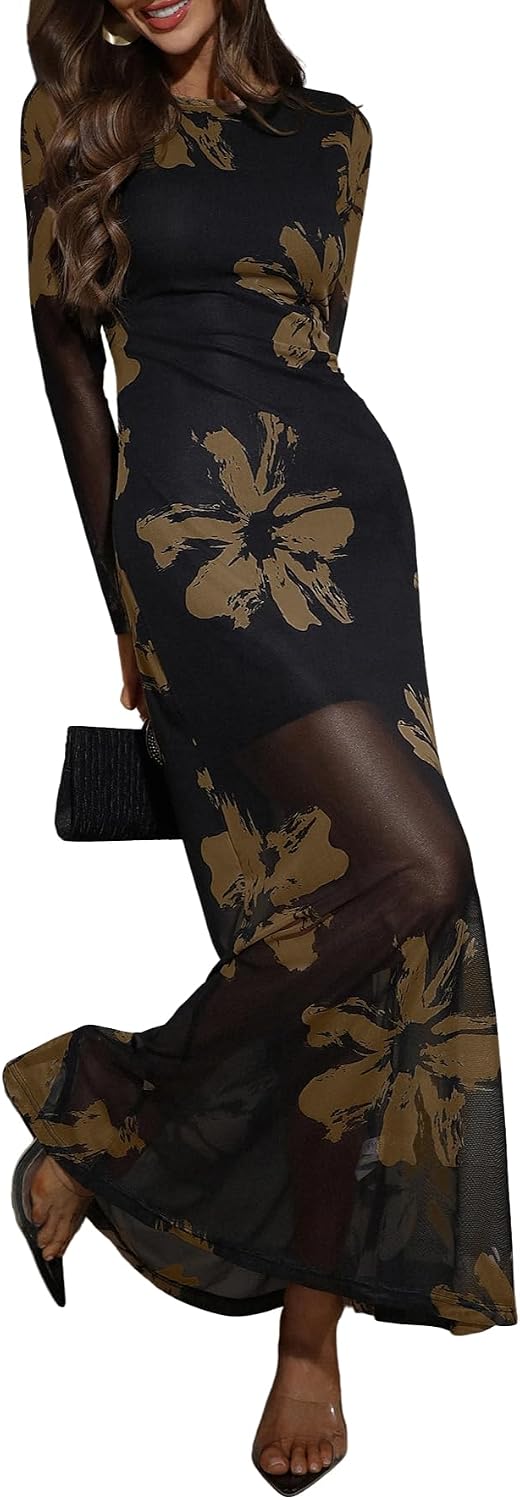 Verdusa Women's Floral Mesh Maxi Dresses Elegant Formal Long Sleeve Spring Wedding Guest Dress Cocktail.