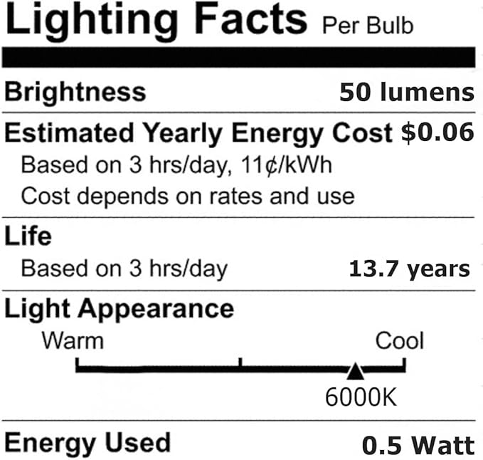 Anyray 3-LED C7 Bulbs E12 Christmas String Lights Outdoor & Indoor Halloween 0.5 Watt 110V Candelabra Base 120V (Daylight White 6000K)