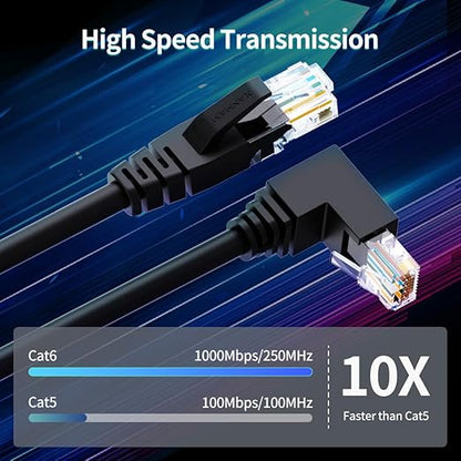 90 Degree Cat 6 Ethernet Cable Upward Angle 3.3FT RJ45 Network Patch Cord DownUpRightLeft Angle LAN Connection Cable for Router, Modem, PC, Computer, Laptop, and Smart TV, Black