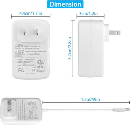 TKDY 24V 1A Power Supply Cord White, 110-240V AC to 24Vdc 24W Class 2 Adapter, DC24V Switching Charger for 24 Volt 1.0A 1000mA 0.75A 750mA 0.5A 500mA Diffuser Humidifier LED Light.