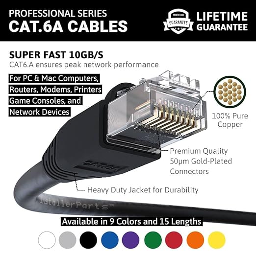 InstallerParts Ethernet Cable CAT6A Cable UTP Booted 15 FT - Black - Professional Series - 10GigabitSec NetworkHigh Speed Internet Cable, 550MHZ