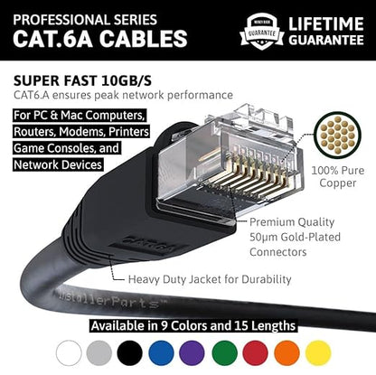 InstallerParts Ethernet Cable CAT6A Cable UTP Booted 15 FT - Black - Professional Series - 10GigabitSec NetworkHigh Speed Internet Cable, 550MHZ