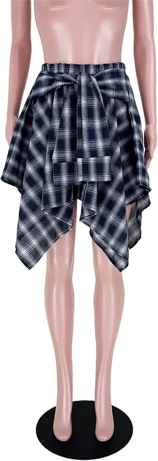 Women Plaid High Waisted Asymmetrical Skater Skirt | Soft Fabric, knot front design, versatile pleated midi skirts, 90s outfits, trendy y2k grunge style, concert daily wear