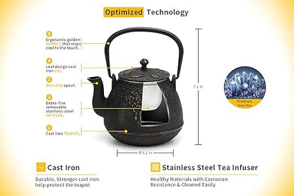 Tea Kettle, TOPTIER Japanese Cast Iron Tea Pot for Stove Top, Cast Iron Teapot Humidifier for Wood Stove, Leaf Design Tea Kettle Coated with Enameled Interior for 32 Ounce (950 ml), Black