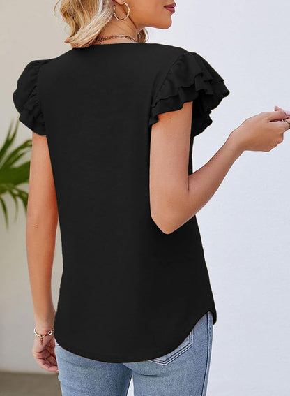 Dokotoo Women's Summer Casual Ruffle Short Sleeve Tops 2026 Cute Solid Color T Shirts Blouses .