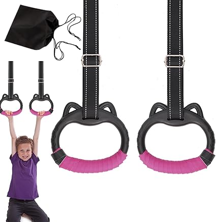 JIANWEI Gymnastics Rings Set for Kids, Professional Children Trapeze Bar Pull Up Rings with Straps Kids Playground Home Exercise Gym Rings with Drawstring Bag for Children Exercise(Pink)