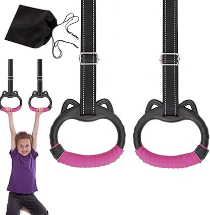 JIANWEI Gymnastics Rings Set for Kids, Professional Children Trapeze Bar Pull Up Rings with Straps Kids Playground Home Exercise Gym Rings with Drawstring Bag for Children Exercise(Pink)