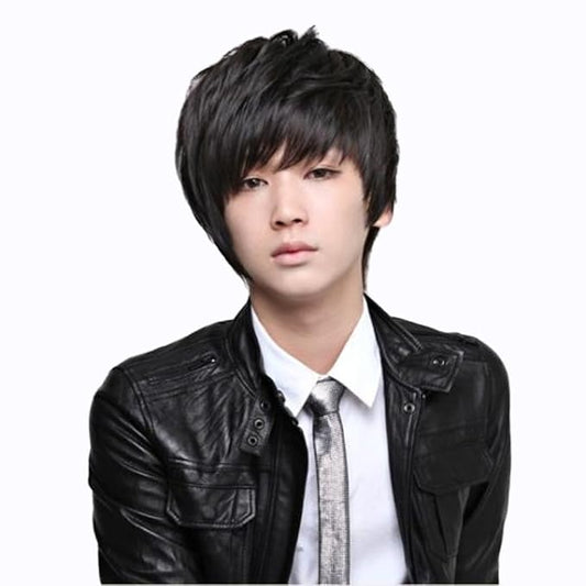 OMORFIEER Cool Mens Boys Short 25cm Straight Black Hair Party Heat Resistant Cosplay Wig