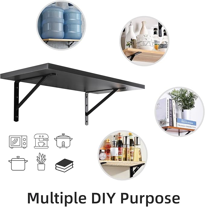 12"x 8" Heavy Duty Shelf Brackets, Load Capacity: 600 lb, 90 Degree Black Metal Supports for Shelves 2-Pack, Wall Mounted L Bracket for Floating Shelving with Screws, HOME MASTER HARDWARE