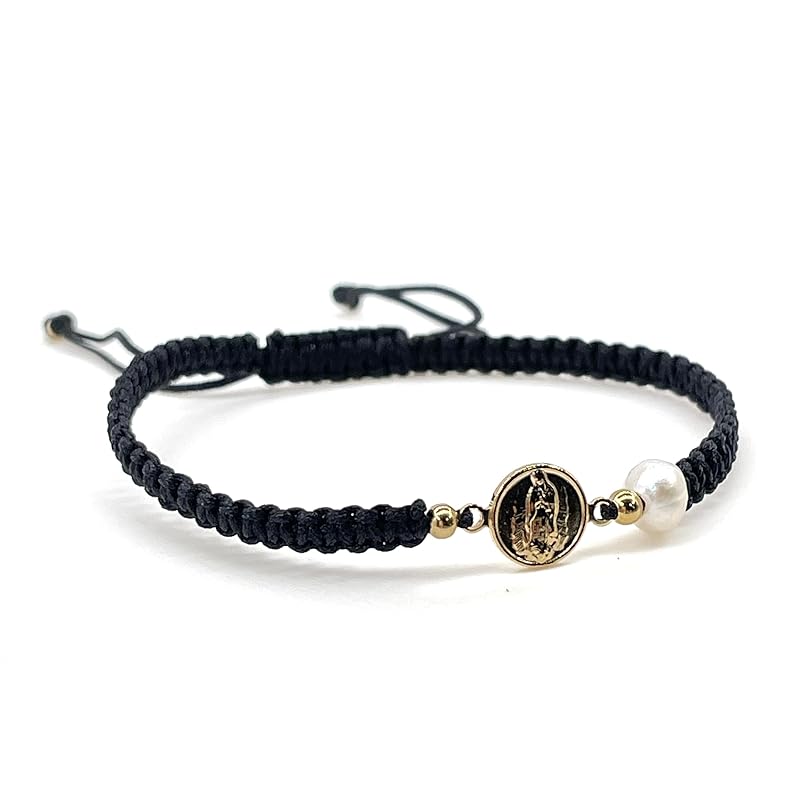 Our Lady of Guadalupe Medal and Dainty Cultured Fresh Father Pearl Adjustable Red String Bracelet Pulsera de la Virgen de Guadalupe para Mujeres (Black)