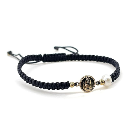 Our Lady of Guadalupe Medal and Dainty Cultured Fresh Father Pearl Adjustable Red String Bracelet Pulsera de la Virgen de Guadalupe para Mujeres (Black)