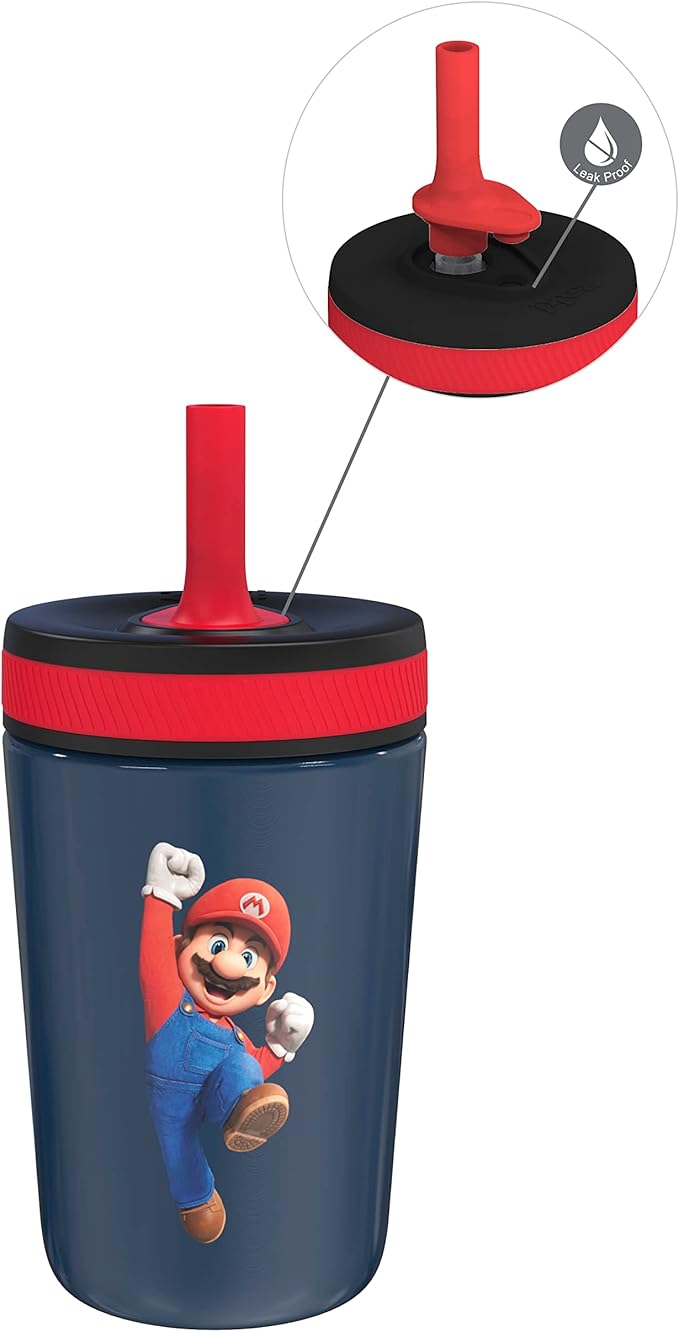 Zak Designs The Super Mario Bros. Movie Kelso Toddler Cups For Travel or At Home, 12oz Vacuum Insulated Stainless Steel Sippy Cup With Leak-Proof Design is Perfect For Kids (Mario)