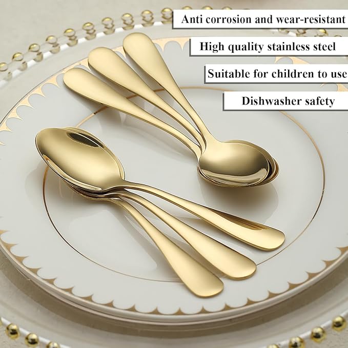 Gold Teaspoons Set of 12, Stainless Steel Dessert Spoons, Coffee Spoon, Stirring Spoon, Latte Spoon for Home, Restaurant, Hotel, Wedding, Event, Parties
