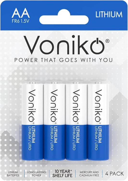 Voniko AA Batteries, 4 Pack 1.5V Lithium AA BatteriesHigh Performance Double A Long Lasting Battery for Flashlight, Toys, Remote Control, Alarm System (Non-Rechargeable)