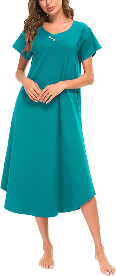 YOZLY Nightgowns for Women Short Sleeve Long Night Gowns Soft V Neck Sleepwear with Pockets