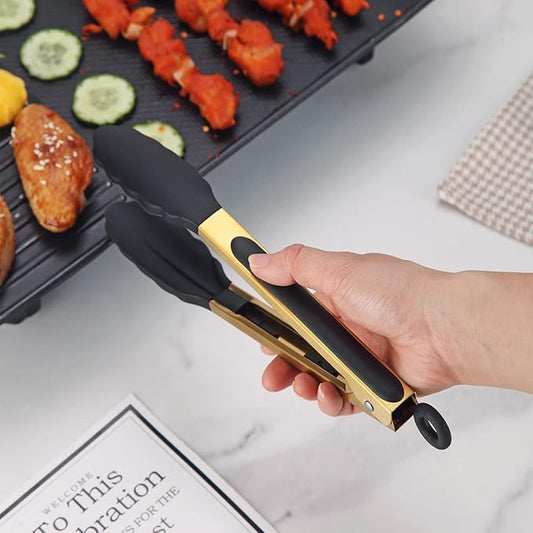 Kitchen Tongs for Cooking Grill  BBQ, Kyraton Stainless Steel 9" Cooking Tongs Heat Resistant Handle Non Slip, Kitchen Tongs with Silicon Tips for Salad,Ice,Fry, Serving,Oven. (Gold)